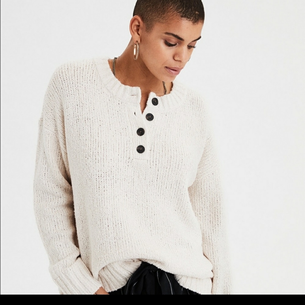 ❤️ American Eagle Oversized Henley Sweater Cream XL
